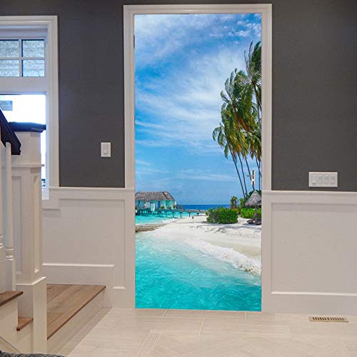 A.Monamour Türtapete Selbstklebend Türfolie Türposter 3D Sommer Strand Meer Blauen Himmel Palmen Tropische Natur Vinyl Folie Türdeko Tapete Wandbild Türaufkleber Türtattoo 83 x 204 cm von A.Monamour