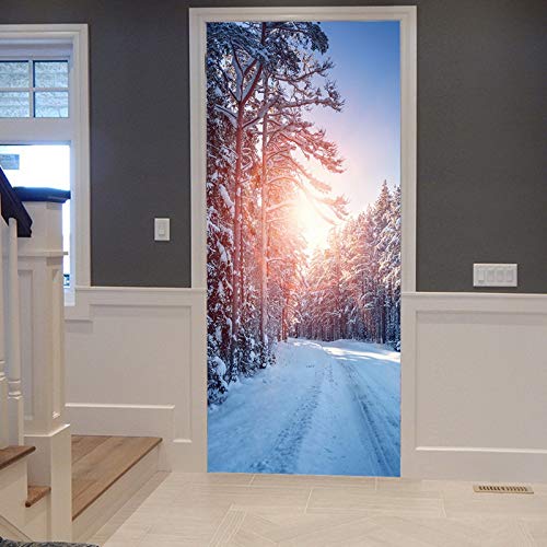 A.Monamour Türtapete Selbstklebend Türfolie Türposter 3D Straße Durch Nadelwald Bäume Winter Schnee Sonnenstrahl Vinyl Folie Türdeko Tapete Wandbild Türaufkleber Türtattoo 90 x 200 cm von A.Monamour