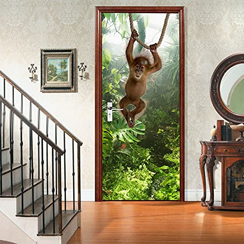 A.Monamour Türtapete Selbstklebend Türfolie Türposter 3D Süßer Baby Sumatra-Orang-Utan Der Im Regenwald Am Seil Hängt Vinyl Folie Türdeko Tapete Wandbild Türaufkleber Türtattoo 85 x 215 cm von A.Monamour