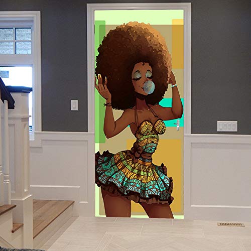 A.Monamour Türtapete Selbstklebend Türfolie Türposter 3D Traditionelle Afrikanische Schwarze Frau Afro-Haar Das Zahnfleisch Bläst Vinyl Folie Türdeko Tapete Wandbild Türaufkleber Türtattoo 77 x 200 cm von A.Monamour