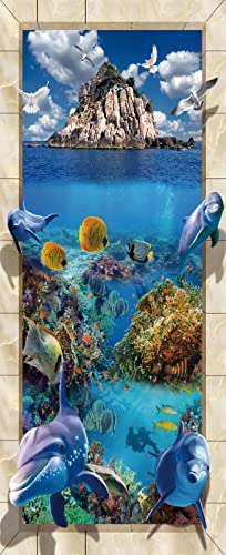 A.Monamour Türtapete Selbstklebend Türfolie Türposter 3D Tropische Insel Am Blauen Ozean Mit Unterseeischem Fisch Delphin Korallenriff Vinyl Folie Türdeko Tapete Wandbild Türaufkleber 77 x 200 cm von A.Monamour