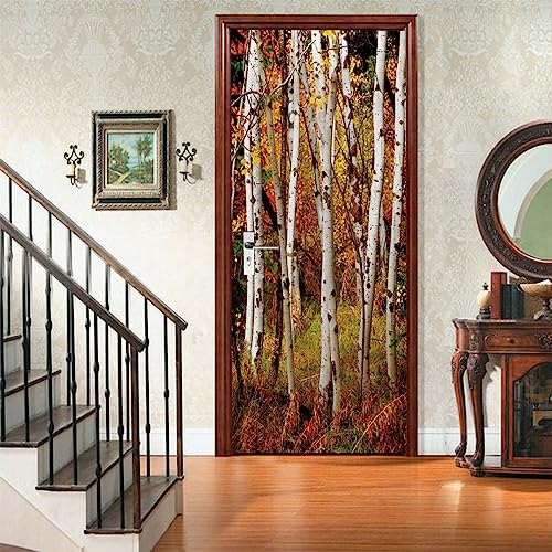 A.Monamour Türtapete Selbstklebend Türfolie Türposter 3D Weiße Herbstbirken Mit Herbstblättern Im Hintergrund Vinyl Folie Türdeko Tapete Wandbild Türaufkleber Türtattoo 77x200cm von A.Monamour