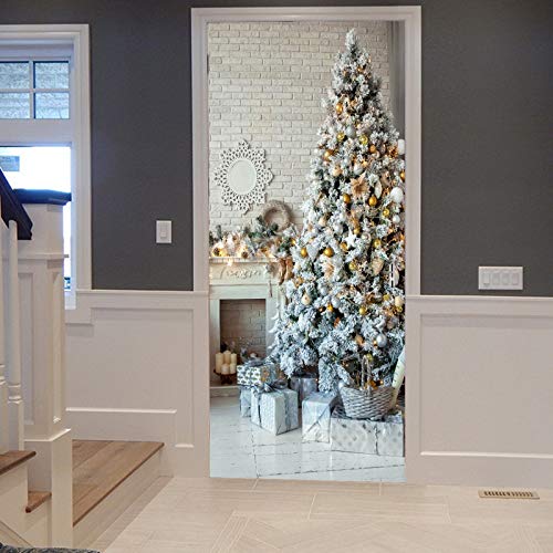 A.Monamour Türtapete Selbstklebend Türfolie Türposter 3D Weiße Ziegel Wand Weihnachten Interieur Weihnachtsbaum Kamin Weihnachten Vinyl Folie Türdeko Tapete Wandbild Türaufkleber Türtattoo 90 x 200 cm von A.Monamour