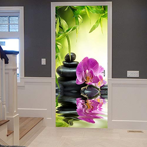 A.Monamour Türtapete Selbstklebend Türfolie Türposter 3D Yoga Meditation Zen Grüne Pflanzen Orchidee Blume Felsen Steine ​​Wasser Vinyl Folie Türdeko Tapete Wandbild Türaufkleber Türtattoo 77 x 200 cm von A.Monamour