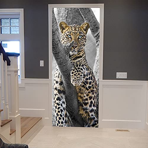 A.Monamour Türtapete Selbstklebend Türfolie Türposter Leopard Mit Blauen Augen, Der Auf Dem Thema des Wilden Tieres des Baumzweiges Sitzt Vinyl Folie Türdeko Tapete Wandbild Türaufkleber 77 x 200 cm von A.Monamour