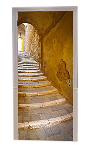 A.Monamour Türtapeten Selbstklebend 3D Steinstufen Treppe Treppenhaus Schmale Gasse Italien Toskana Mittelalterliche Stadt Antike Architektur Türtapete Türposter Tapete 77x200cm von A.Monamour