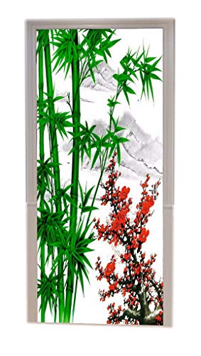 A.Monamour Türtapeten Selbstklebend 3D Traditionelle Chinesische Aquarellmalerei Grüner Bambus Rote Pflaume Blumen Natur Hintergrund Türtapete Türposter Tapete 77x200cm von A.Monamour