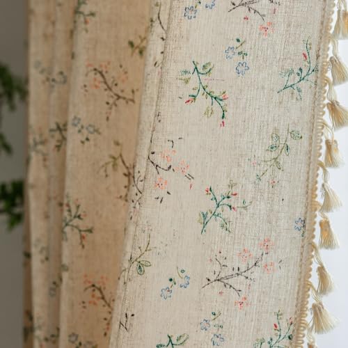 A.Monamour Vorhang Gardine mit Quaste Baumwolle Leinen Blumen Boho Landhaus Halbtransparent Blickdicht Verdunkelnd Rod Tasche Stickerei Stores für Schlafzimmer Wohnzimmer Küche Fenster 1 Stück, blumen von A.Monamour