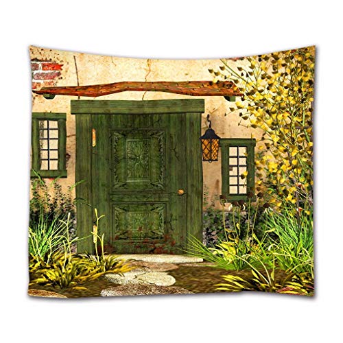 A.Monamour Wanddekor Wandbild Vorhang Wandteppiche Häuschen Garten Grüne Tür Gras Blumen Landschaft Haus Szene Kunstdruck Stoff Wand Tapisserie Wandbehänge Kunst Dekore 180x230cm von A.Monamour