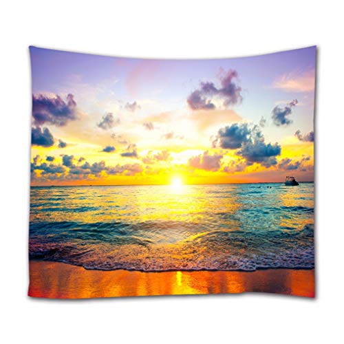 A.Monamour Wanddekor Wandbild Vorhang Wandteppiche Karibik Insel Ozean Strand Sonnenuntergang Bunten Himmel Mit Wolken Natur Landschaft Drucken Stoff Wandbehang Tapisserie Für Schlafzimmer 180x200cm von A.Monamour