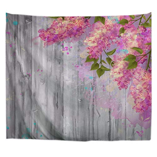 A.Monamour Wanddekor Wandteppiche Aquarell Zeichnung Malerei Zweige Der Lila Blumen Auf Weißen Holzbohlen Gesprenkelt Hintergründe Polyester Stoff Wand Tapisserie Wandbehänge Dekore Vorhang 153X130Cm von A.Monamour