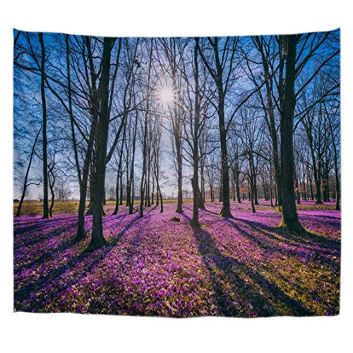 A.Monamour Wanddekor Wandteppiche Lila Lila Violett Krokus Blumen Blühen Sonnenschein Durch Wald Bäume Parklandschaft Naturlandschaft Bild Gedruckt Stoff Wandteppiche Wandbehänge 153x130cm von A.Monamour