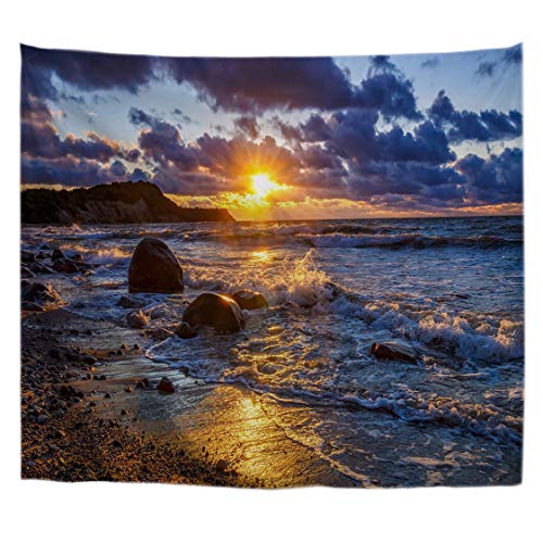 A.Monamour Wanddekor Wandteppiche Ozean Meer Strand Sonnenuntergang Dunkel Bewölkten Himmel Stein Felsen Hochwasser Wellen Natur Landschaft Bild Stoff Wand Tapisserie Wandbehänge 203x153cm von A.Monamour