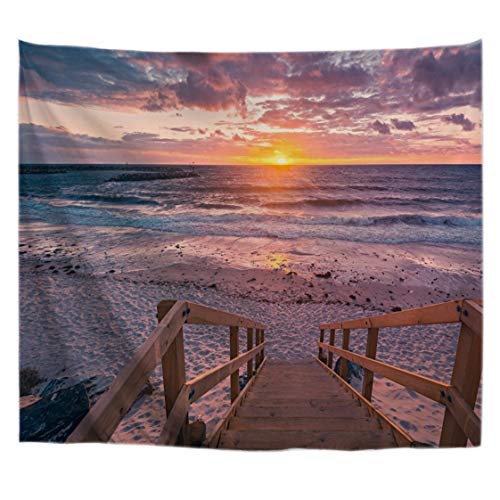 A.Monamour Wanddekor Wandteppiche Sonnenuntergang Am Strand Ufer Küste Holzbrücke Pier In Tropischen Blauen Ozean Natur Landschaft Bild Stoff Wandbehang Tapisserie Wandbild Dekore 153x203cm von A.Monamour