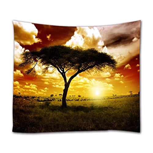 A.Monamour Wandteppich Afrikanischer Sonnenuntergang Baum Grüne Wiesentiere Natur Landschaft Stoff Tapisserie Wandbehang Wanddeko Wandkunst Wandbilder Wandtuch für Wohnzimmer Schlafzimmer von A.Monamour