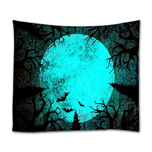 A.Monamour Wandteppich Blaues Rundes Mond Fledermaus Halloween Thema Tuch Kunstdruck Tapisserie Wandbehang Wanddeko Vorhang Tischdecke Tagesdecke Picknickdecken Stranddecke von A.Monamour