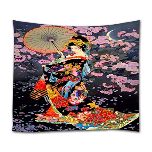 A.Monamour Wandteppich Blumenhintergrund Der Japanischen Frau Geisha Vintage Stoff Tapisserie Wandbehang Wanddeko Wandkunst Wandbilder Wandtuch für Wohnzimmer Schlafzimmer von A.Monamour