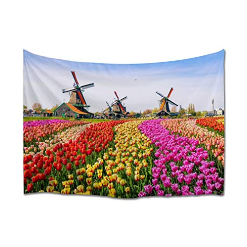 A.Monamour Wandteppich Bunte Tulpen Feld Windmühlen Niederlande Natur Landschaft Stoff Tapisserie Wandbehang Wanddeko Wandkunst Wandbilder Wandtuch für Wohnzimmer Schlafzimmer von A.Monamour