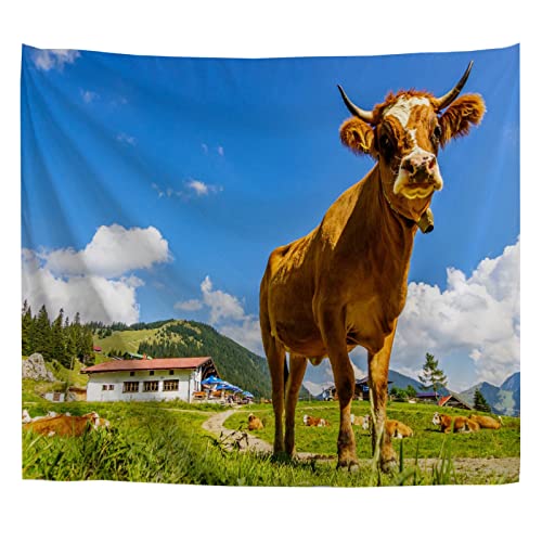 A.Monamour Wandteppich Eine Kuh Im Europäischen Alpen Tier Thema Stoff Tuch Tapisserie Wandbehang Wanddeko Wandkunst Wandbilder Wandtuch für Wohnzimmer Schlafzimmer 102x153cm von A.Monamour