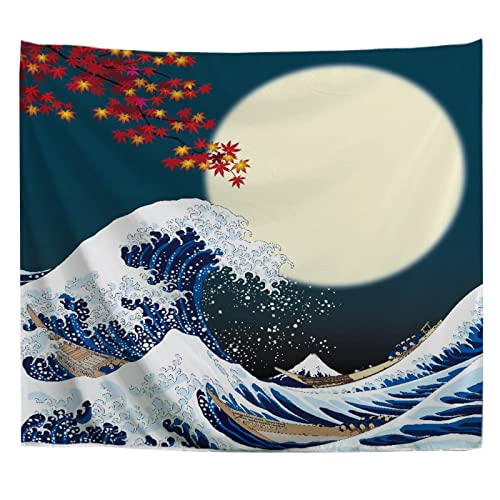 A.Monamour Wandteppich Große Welle Und Vollmond Im Japanischen Stil Stoff Tuch Tapisserie Wandbehang Wanddeko Wandkunst Wandbilder Wandtuch für Wohnzimmer Schlafzimmer 130x153cm von A.Monamour