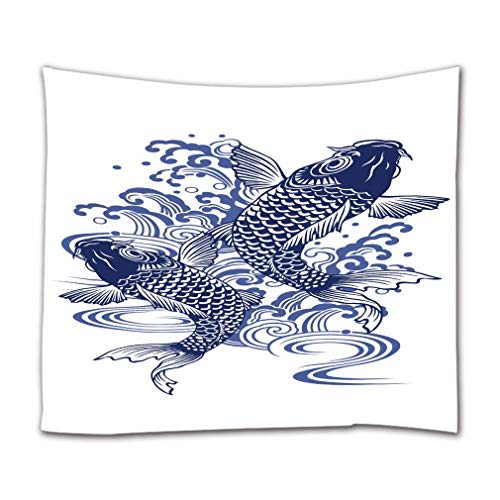 A.Monamour Wandteppich Japanische Karpfen Und Wellenmuster Aquarell Blau Asiatische Kunst Dekor Stoff Tapisserie Wandbehang Wanddeko Wandkunst Wandbilder Wandtuch für Wohnzimmer Schlafzimmer von A.Monamour