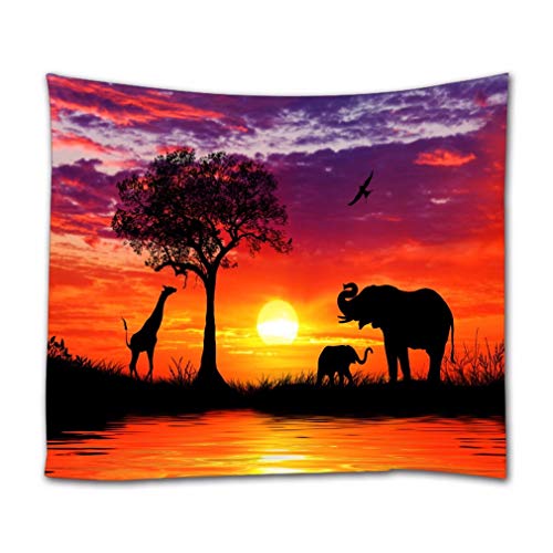 A.Monamour Wandteppich Schattenbild Elefanten Giraffe Baums Afrikanischen Tiere Bunten Himmel Stoff Tapisserie Wandbehang Wanddeko Wandkunst Wandbilder Wandtuch für Wohnzimmer Schlafzimmer von A.Monamour