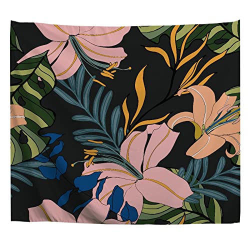 A.Monamour Wandteppich Tropische Rosa Blüten Blätter Pflanze Auf Dunklem Hintergrund Stoff Tuch Tapisserie Wandbehang Wanddeko Wandkunst Wandbilder Wandtuch für Wohnzimmer Schlafzimmer 180x230cm von A.Monamour