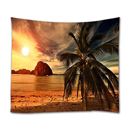 A.Monamour Wandteppich Tropischer Strand Sonnenuntergang Meer Wellen Palme Naturlandschaft Stoff Tapisserie Wandbehang Wanddeko Wandkunst Wandbilder Wandtuch für Wohnzimmer Schlafzimmer von A.Monamour