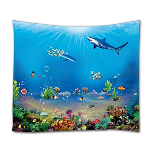 A.Monamour Wandteppich Unterwasser Haifisch Koralle Meereslebewesen Blauen Ozean Stoff Tapisserie Wandbehang Wanddeko Wandkunst Wandbilder Wandtuch für Wohnzimmer Schlafzimmer von A.Monamour