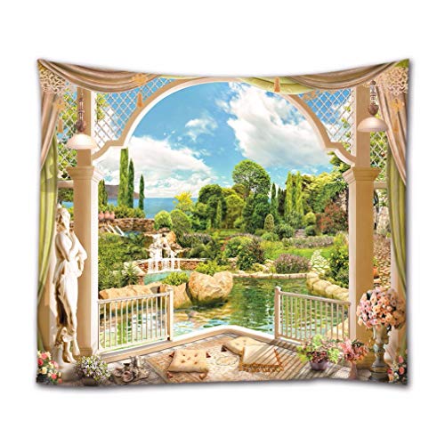 A.Monamour Wandteppiche 3D Balkon Gartenansicht Blumen Bäume Skulptur Palast Im Freien Natur Landschaft Druck Stoff Wandteppich Dekorative Wandbehänge Für Schlafzimmer Wohnzimmer Schlafsäle 153X203 Cm von A.Monamour