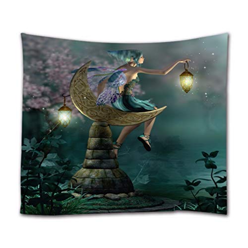 A.Monamour Wandteppiche 3D Fairytale Ein Kleiner Elf-Elf Mit Laterne, Die Auf Mondförmigem Stein Sitzt Fairy Night Scene Stoff Wandbehang Tapisserie Vorhänge Tischdecke Tagesdecke Strandtuch 102X153Cm von A.Monamour