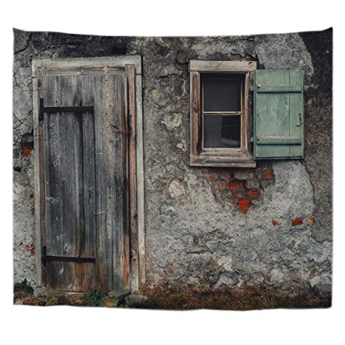 A.Monamour Wandteppiche Alte Grunge Ziegel Scheune Wand Holzfenster Vintage Holz Tür Architektur Hintergründe Bild Drucken Wandbehang Tapisserie Wandkunst Dekore Fenster Gardine Tischdecke 180X230Cm von A.Monamour