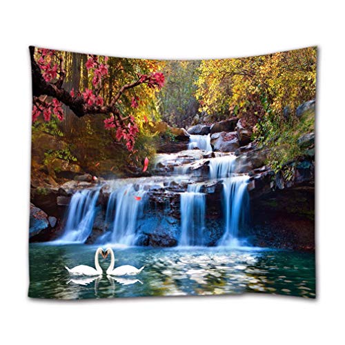 A.Monamour Wandteppiche Bunte Waldbäume Bergwasserfall Schwan Paare In See Natur Landschaft Drucken Boho Hippie Mandala Wandbehang Tapisserie Wandkunst Dekore Stoff Tischdecke 180X230Cm von A.Monamour