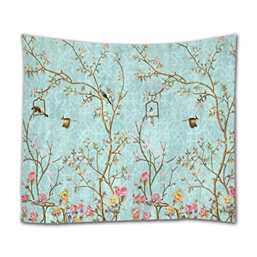 A.Monamour Wandteppiche Chinesische Traditionelle Malerei Aquarell Blume Baum Vögel Blauer Hintergrund Stoff Wandteppich Wanddekoration Wandbehänge Vorhang Für Schlafzimmer Wohnzimmer 102x153cm von A.Monamour