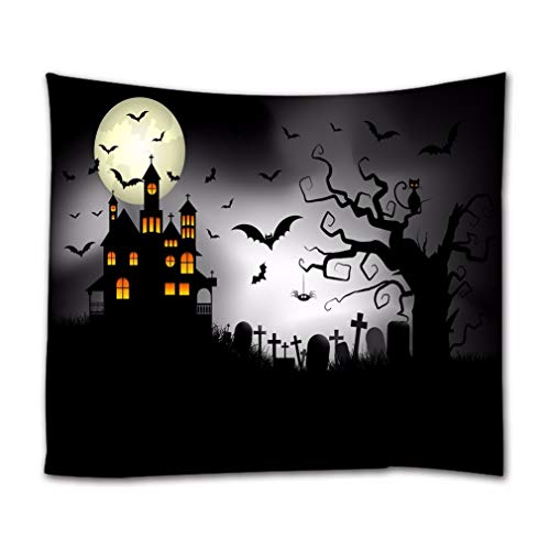 A.Monamour Wandteppiche Gruselige Halloween Nacht Spukhaus Grabstein Fliegende Fledermaus Toter Baum Runde Mond Gruselszene Stoff Wandteppich Wanddekoration Wandbehänge Für Schlafzimmer 180x230cm von A.Monamour