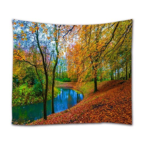 A.Monamour Wandteppiche Herbst Fluss Park Natur Landschaft Landschaft Gold Gefallene Blätter Wald Bäume Kunstdruck Stoff Hippie Mandala Tapisserie Wandkunst Wandbehänge Tischdecke Bettdecke 180x200cm von A.Monamour