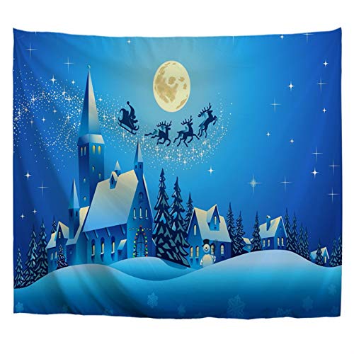 A.Monamour Wandteppiche Kirche Und Häuser Weihnachten Verschneite Nacht Rentier Santa Claus Vollmond Silhouette Blaue Hintergründe Textilgewebe Wandbehang Tapisserie Wandbild Vorhang Dekore 180x230cm von A.Monamour