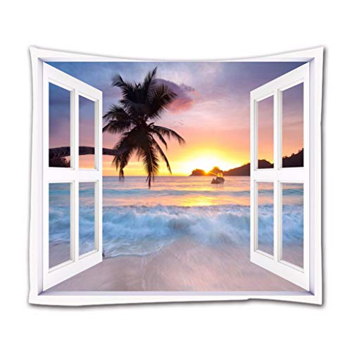 A.Monamour Wandteppiche Offenes Fenster Blick Auf Meer Palme Tropischen Strand Sonnenaufgang Naturlandschaft Boho Hippie Mandala Gobelin Wandbehänge Vorhang Bettdecke Strandtuch Tischdecke 153x130cm von A.Monamour