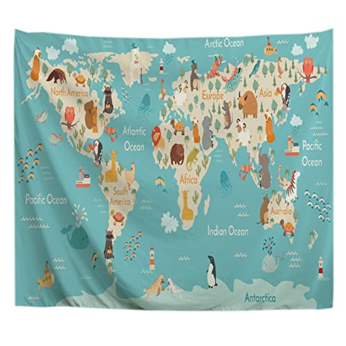 A.Monamour Wandteppiche Wanddekor Cartoon Tiere Weltkarte Von Nordamerika Südamerika Bild Stoff Wandtuch Wandbehang Wandkunst Wandbilder für Schlafzimmer Schlafsaal Wohnzimmer 153x203cm von A.Monamour