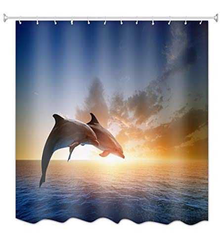 A.Monamour Zwei Delphin Springen In Den Blauen Ozean Bei Sonnenuntergang Zeit Bewölkt Himmel Natur Landschaft Stoff Polyester Wasserdicht/Wasserabweisend Duschvorhang Variablen Größen 180X180 cm von A.Monamour