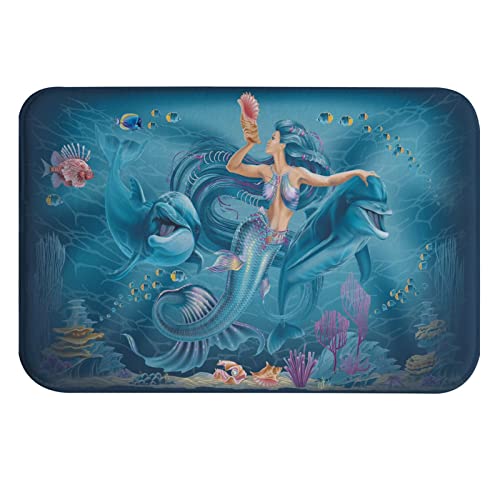 A.Monamour rutschfest Badematte Delfine Fantasie Meerjungfrau Mit Blauen Haaren Und Schwanz 3D Abstrakte Kunst Unterseeszene Flanell Badteppich Badvorleger Badewanne Dusche Duschvorleger 40x120cm von A.Monamour