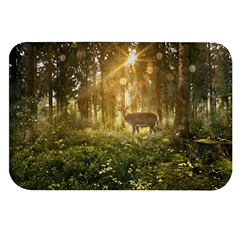 A.Monamour rutschfest Saugfähig Badematte Sonnenschein In Eine Märchenhafte Wald Hirsch Tier Natur Landschaft Flanell Badezimmerteppich Badteppich Badvorleger Badewanne Dusche Duschvorleger 40x60cm von A.Monamour