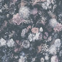 Nostalgische Tapete mit Blumen Vintage Vliestapete englisch mit Pfingstrosen und Schmetterling Vlies Blumentapete grau rosa für Schlafzimmer - Blau, von BRICOFLOR