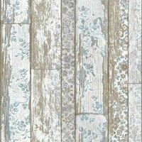 Bricoflor - Vintage Tapete in Holzoptik Vliestapete mit Holzbretter Design im Shabby Chic in Braun Blau Vlies Holztapete mit Blumen für Küche und von BRICOFLOR