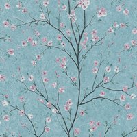 Japanische Vliestapete hellblau rosa Florale Tapete mit Kirschblüten für Kinderzimmer und Schlafzimmer Frühling Blumentapete asiatisch - Torquoise, von BRICOFLOR