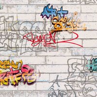 Graffiti Tapete für Jungenzimmer | Coole Tapete in Steinoptik für Jungs | Backstein Tapete mit buntem Graffiti für Kinderzimmer - Bunt, Weiß von A.S. CREATIONS