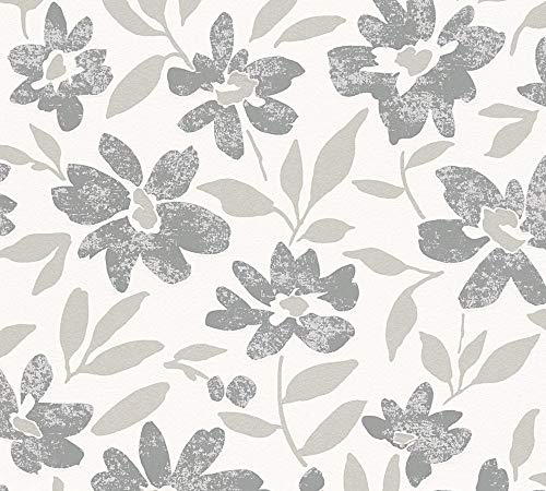 Livingwalls Vliestapete mit Glitter Moments Tapete mit Blumen floral 10,05 m x 0,53 m grau metallic weiß Made in Germany 328332 32833-2 von Livingwalls