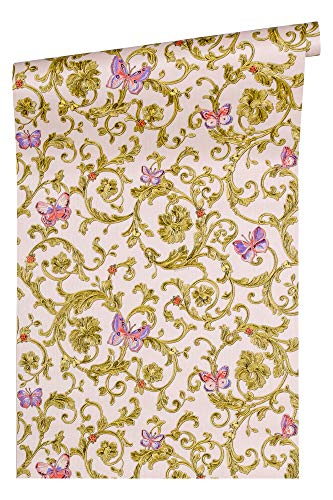 Versace wallpaper Vliestapete Butterfly Barocco Luxustapete mit Ornamenten barock 10,05 m x 0,70 m grün metallic rosa Made in Germany 343254 34325-4 von A.S. Création