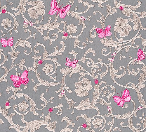 Versace wallpaper Vliestapete Butterfly Barocco Luxustapete mit Ornamenten barock 10,05 m x 0,70 m grau metallic lila Made in Germany 343255 34325-5 von Versace wallpaper