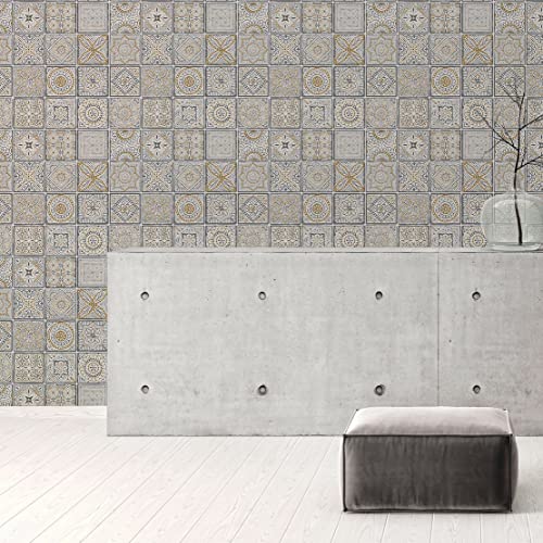 Fliesentapete Gold Weiß Schwarz - A.S. Création Terra Aktion 389212 - Vliestapete Vintage Fliesen - 10,05 m x 0,53 m Made in Germany von Livingwalls
